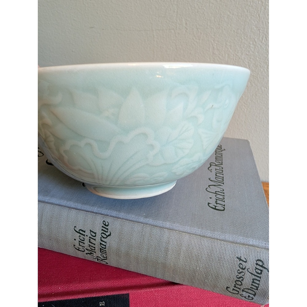 Vtg Japanese Celadon Porcelain Bowl Mid Century Embossed Fish Lotus Pale Green